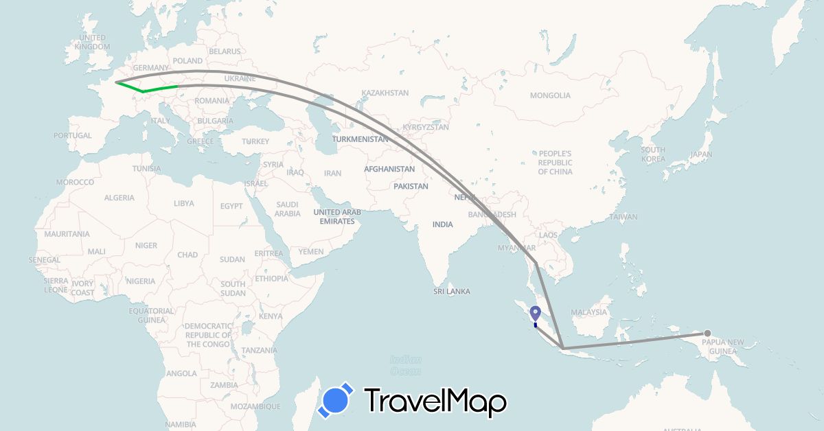 TravelMap itinerary: driving, bus, plane in Austria, Switzerland, France, Indonesia, Thailand (Asia, Europe)